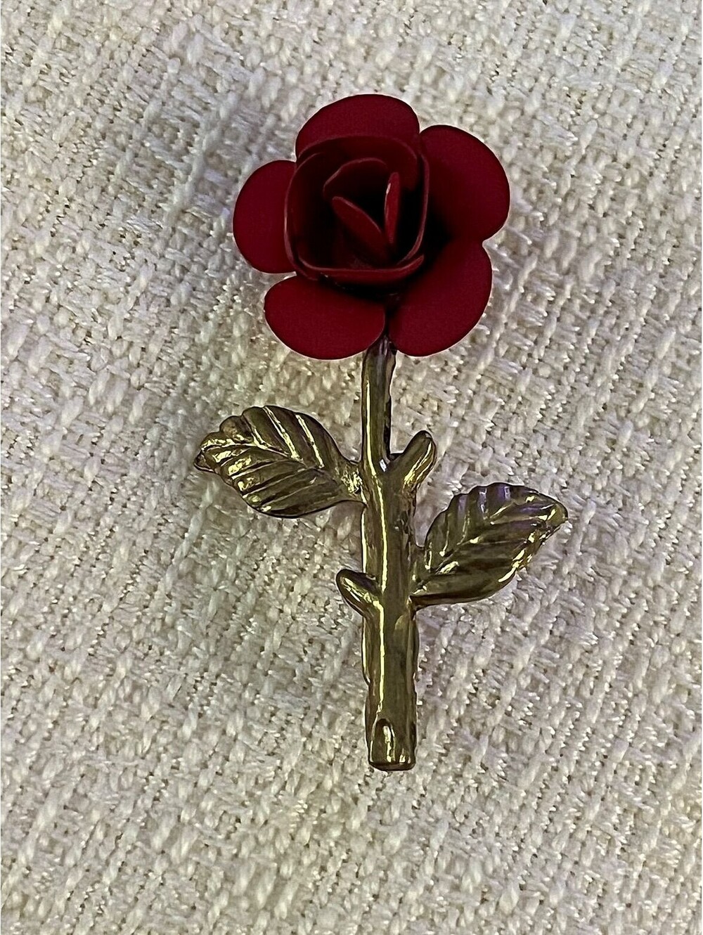 Vintage Avon Red Rose Brooch, Gold-Tone Stem with Leaves, 1970s